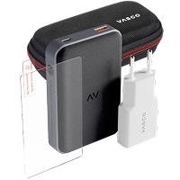 Vasco-Zubehörset mit einer Displayschutzfolie aus gehärtetem Glas, einer Powerbank, einem Ladegerät und einer Schutzhülle für das Übersetzungsgerät.